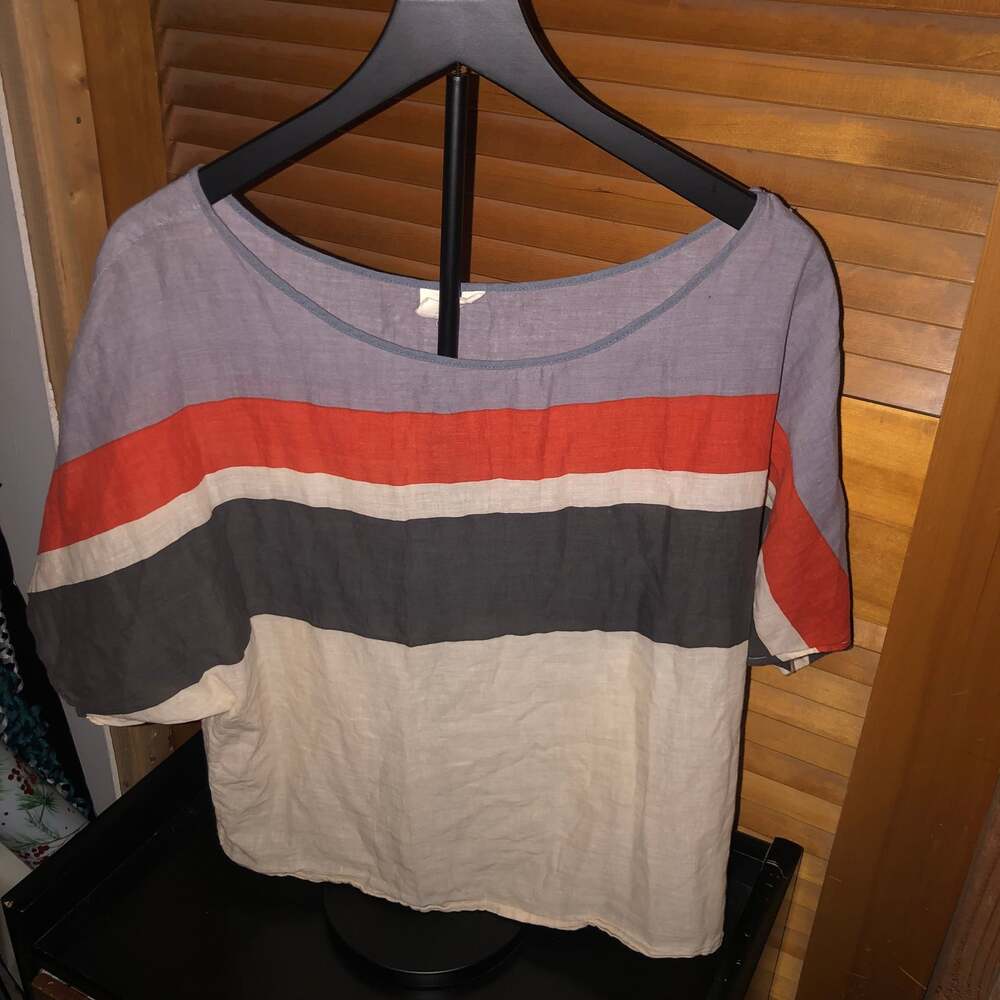 Vintage Linen 70's Blouse Sz M Womens White & Blue Striped
